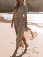 Maxi Dress V-Neck Ruched Smocked Waist Loose Short Sleeve Side Slit Plus Size