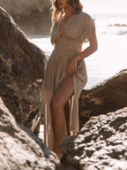 Maxi Dress V-Neck Ruched Smocked Waist Loose Short Sleeve Side Slit Plus Size