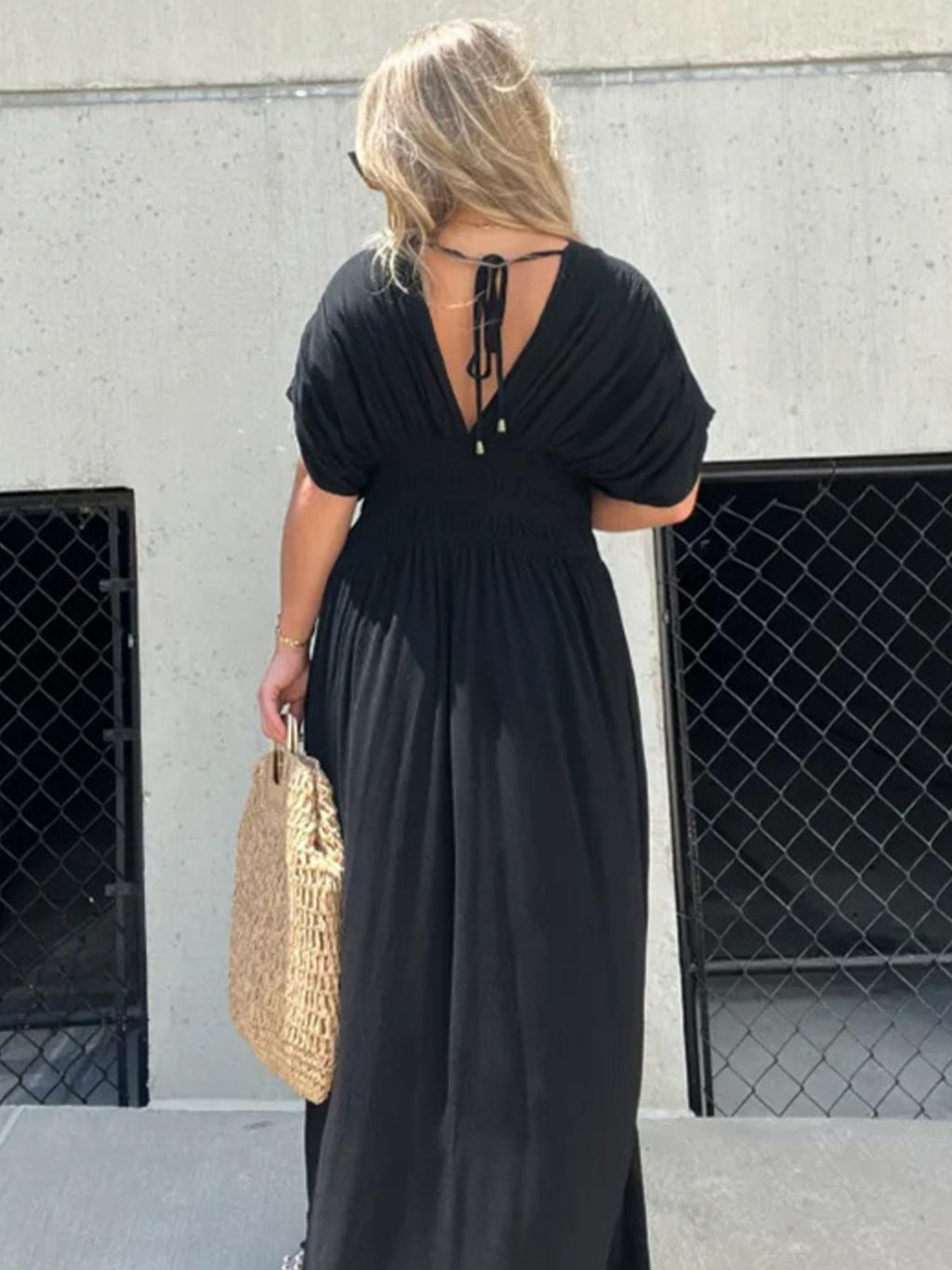 Maxi Dress V-Neck Ruched Smocked Waist Loose Short Sleeve Side Slit Plus Size
