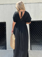 Maxi Dress V-Neck Ruched Smocked Waist Loose Short Sleeve Side Slit Plus Size