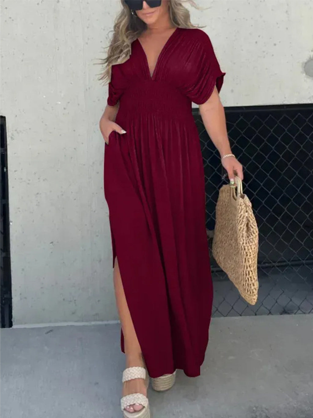 Maxi Dress V-Neck Ruched Smocked Waist Loose Short Sleeve Side Slit Plus Size