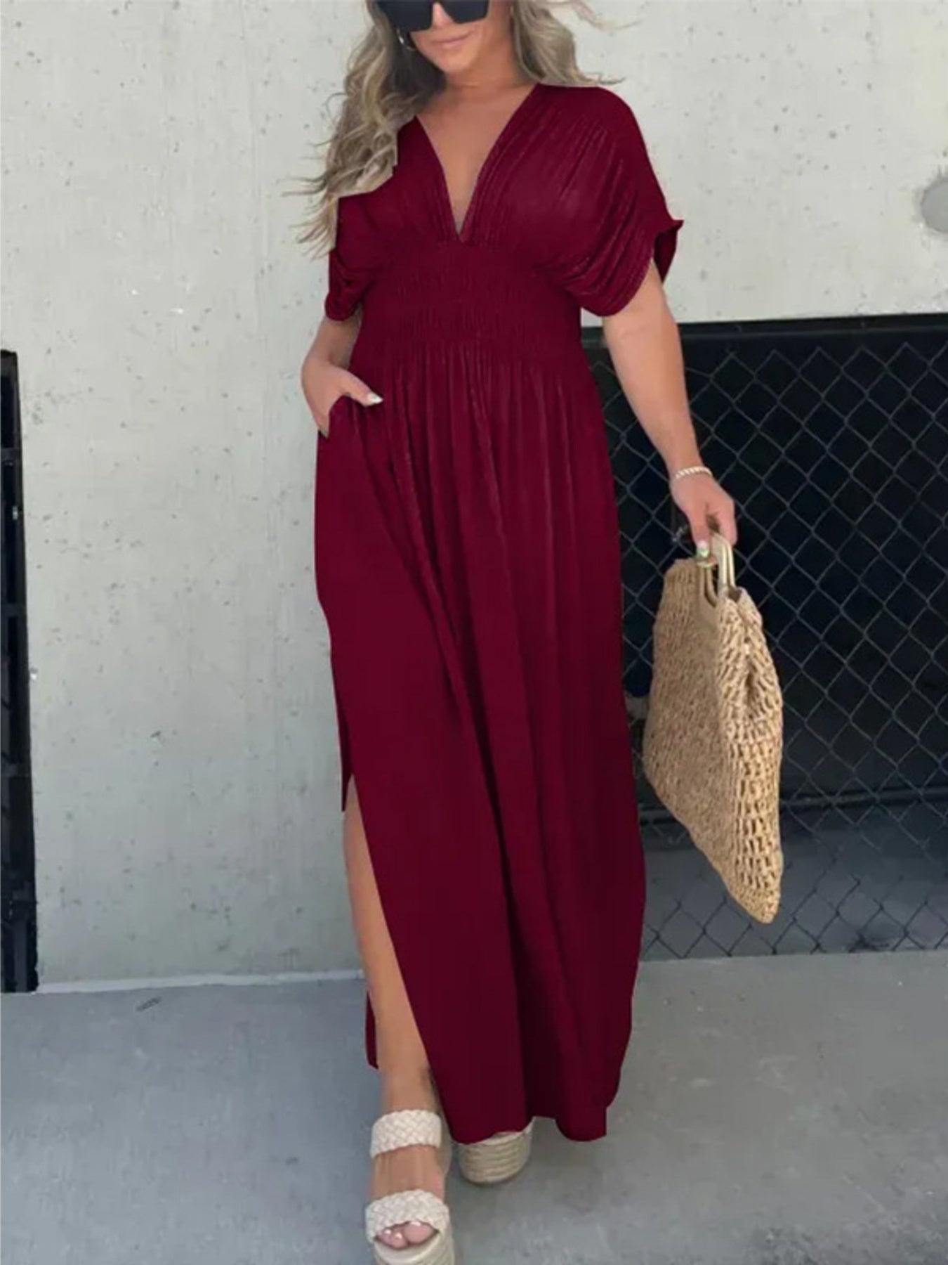Maxi Dress V-Neck Ruched Smocked Waist Loose Short Sleeve Side Slit Plus Size
