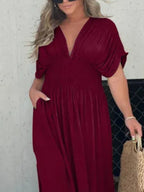 Maxi Dress V-Neck Ruched Smocked Waist Loose Short Sleeve Side Slit Plus Size