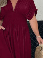 Maxi Dress V-Neck Ruched Smocked Waist Loose Short Sleeve Side Slit Plus Size