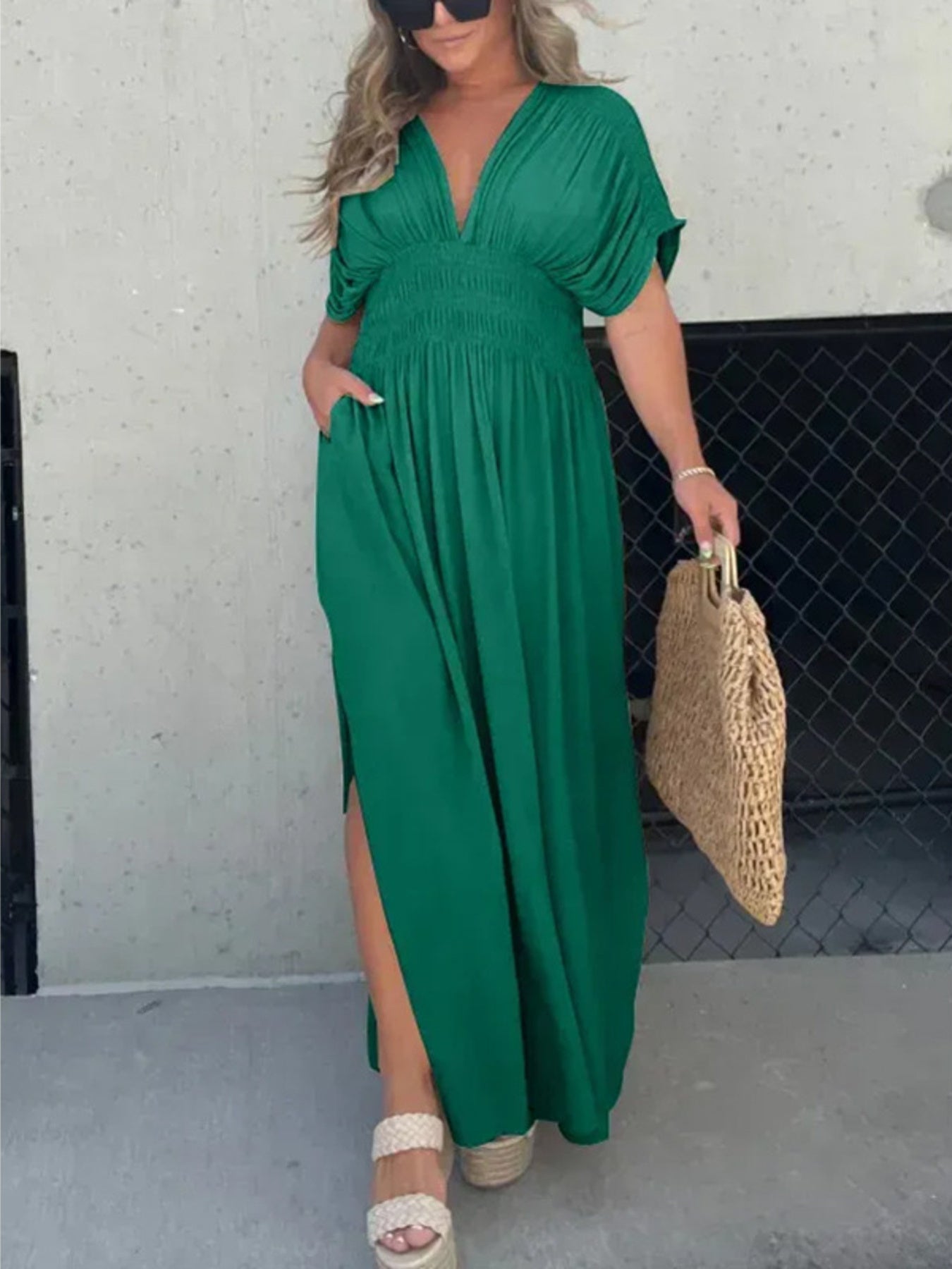Maxi Dress V-Neck Ruched Smocked Waist Loose Short Sleeve Side Slit Plus Size