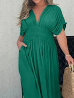 Maxi Dress V-Neck Ruched Smocked Waist Loose Short Sleeve Side Slit Plus Size