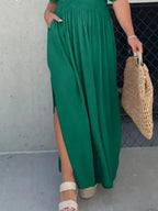Maxi Dress V-Neck Ruched Smocked Waist Loose Short Sleeve Side Slit Plus Size