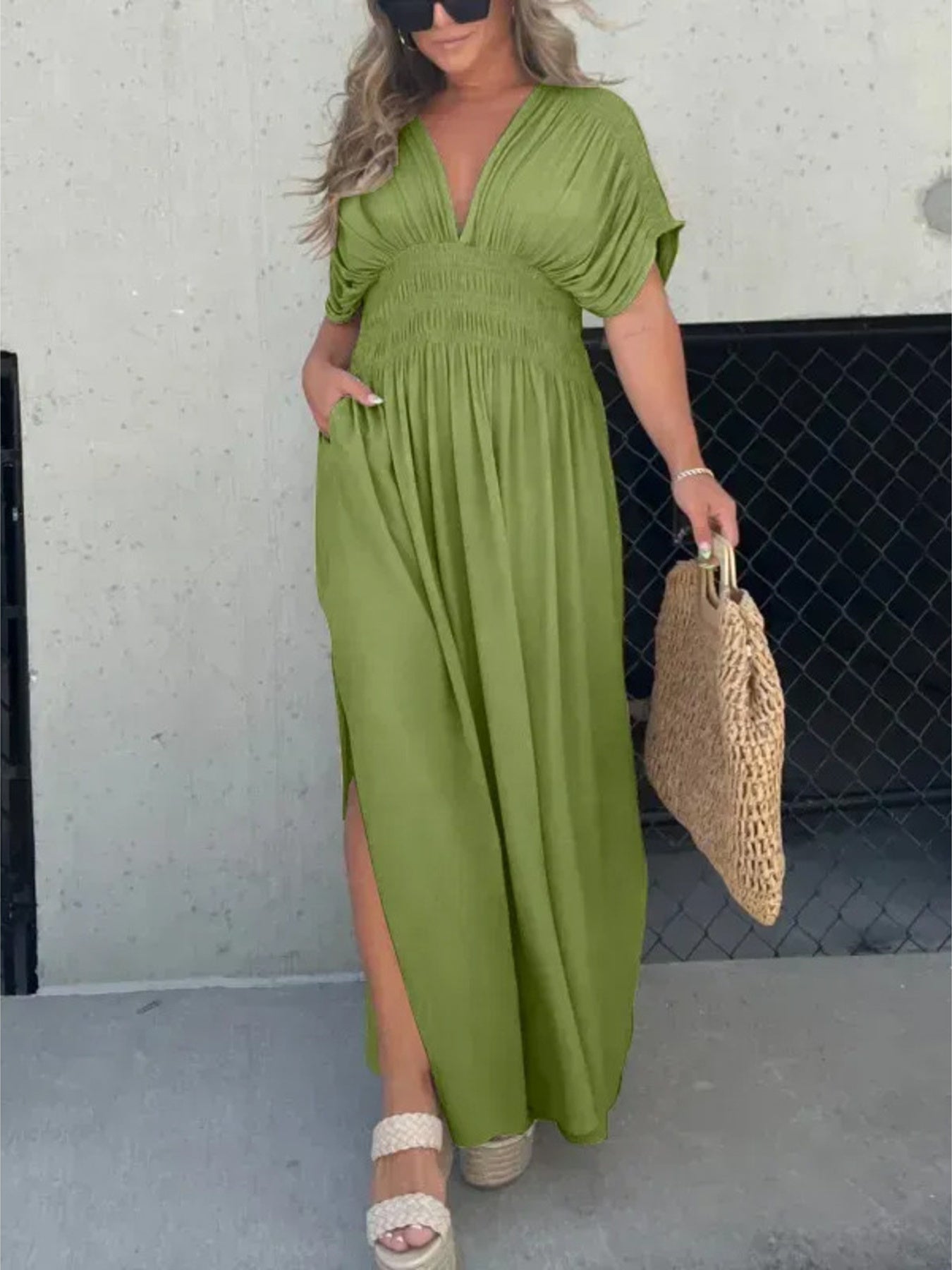 Maxi Dress V-Neck Ruched Smocked Waist Loose Short Sleeve Side Slit Plus Size