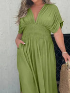 Maxi Dress V-Neck Ruched Smocked Waist Loose Short Sleeve Side Slit Plus Size