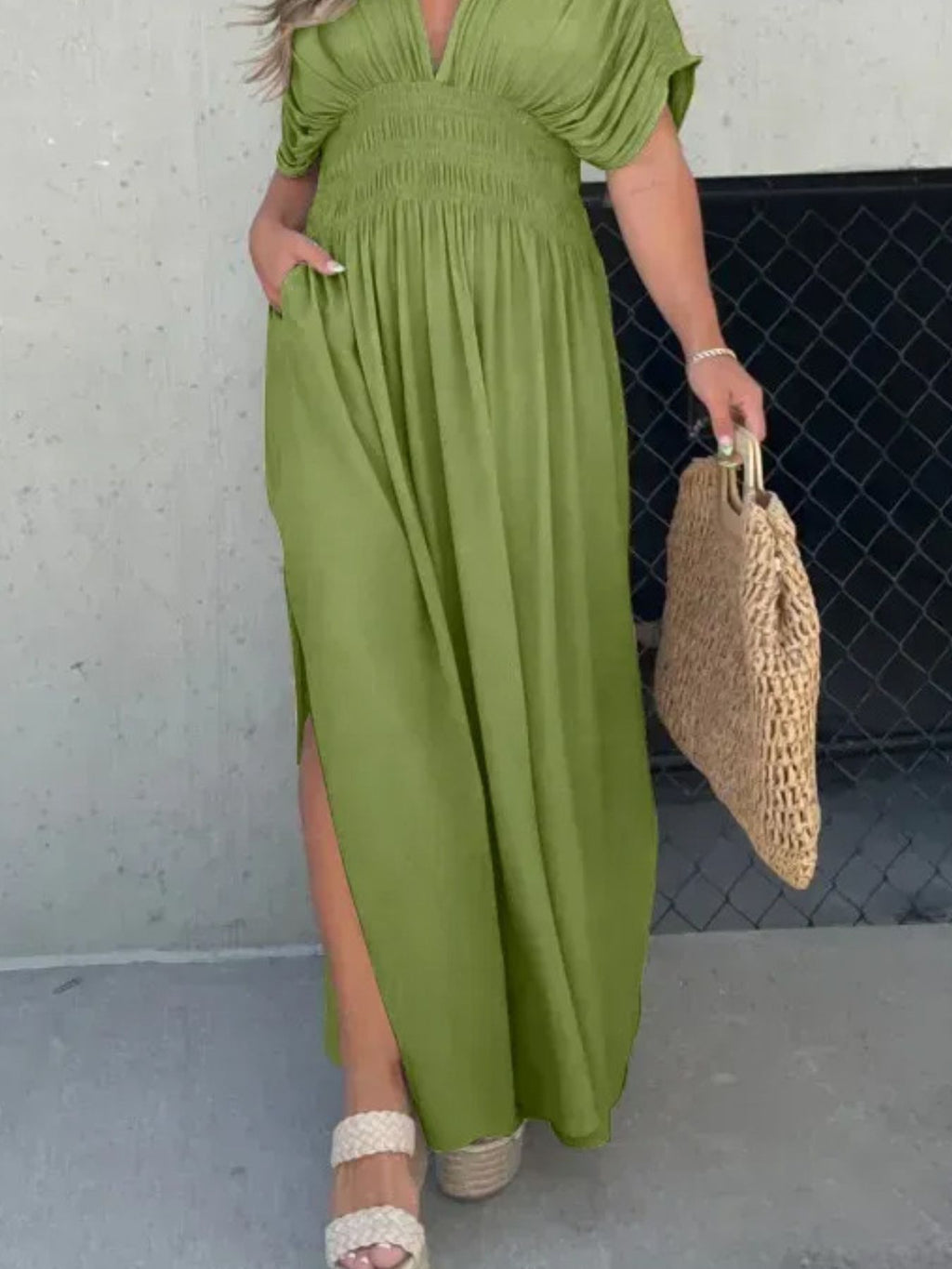 Maxi Dress V-Neck Ruched Smocked Waist Loose Short Sleeve Side Slit Plus Size
