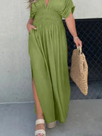 Maxi Dress V-Neck Ruched Smocked Waist Loose Short Sleeve Side Slit Plus Size