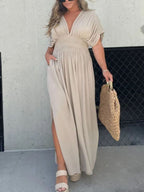 Maxi Dress V-Neck Ruched Smocked Waist Loose Short Sleeve Side Slit Plus Size