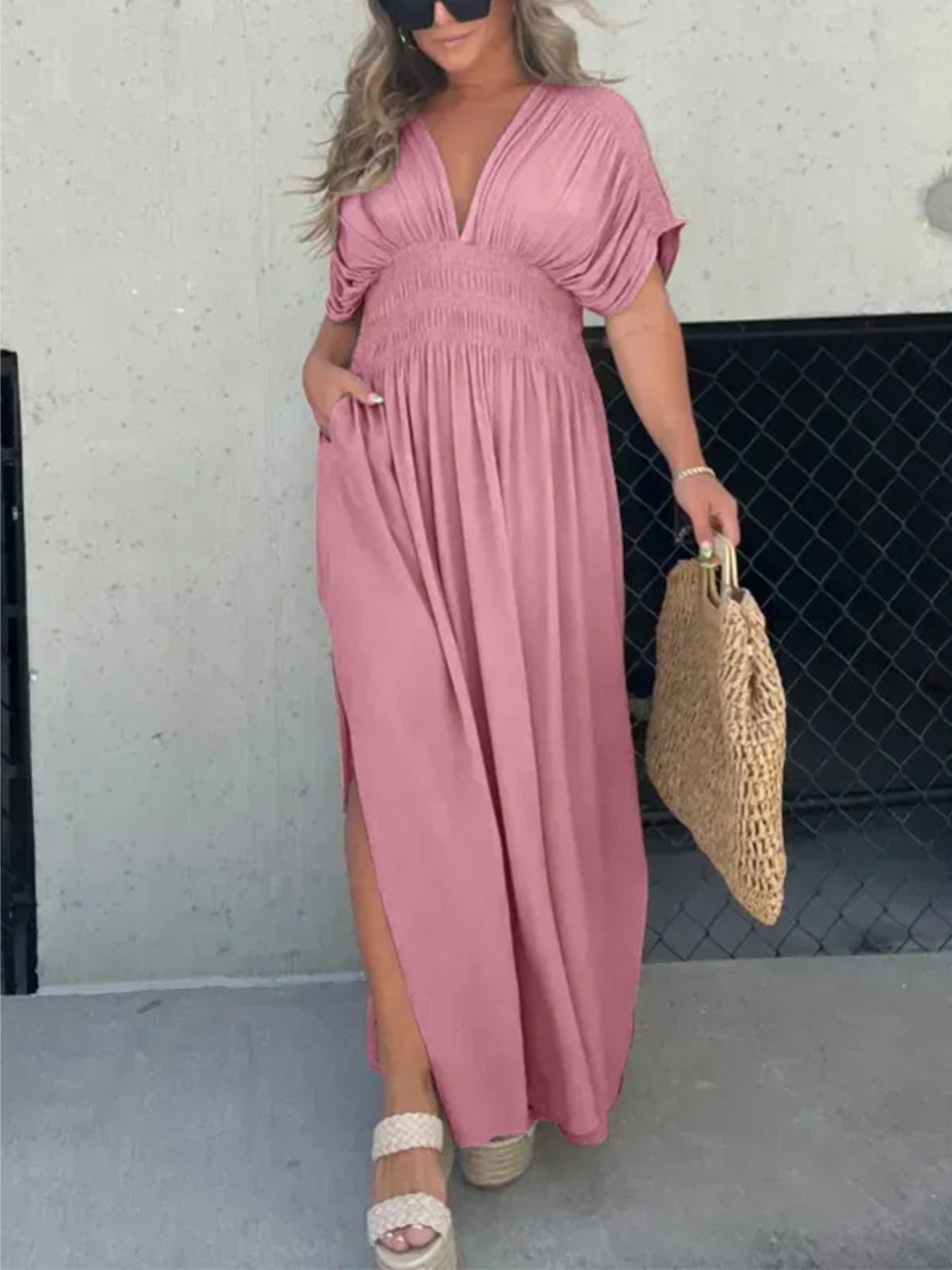 Maxi Dress V-Neck Ruched Smocked Waist Loose Short Sleeve Side Slit Plus Size