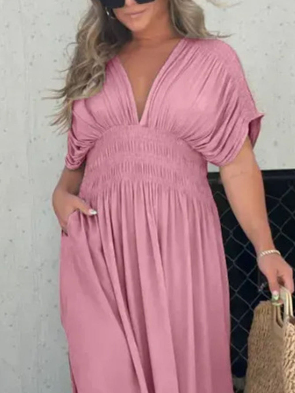 Maxi Dress V-Neck Ruched Smocked Waist Loose Short Sleeve Side Slit Plus Size