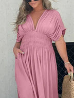 Maxi Dress V-Neck Ruched Smocked Waist Loose Short Sleeve Side Slit Plus Size