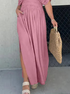 Maxi Dress V-Neck Ruched Smocked Waist Loose Short Sleeve Side Slit Plus Size