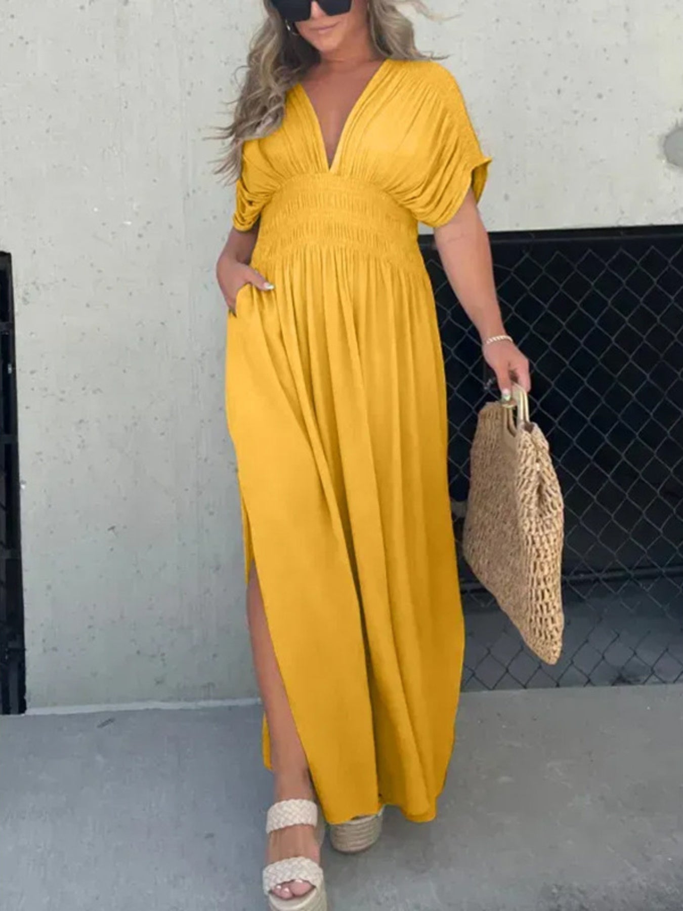 Maxi Dress V-Neck Ruched Smocked Waist Loose Short Sleeve Side Slit Plus Size