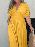 Maxi Dress V-Neck Ruched Smocked Waist Loose Short Sleeve Side Slit Plus Size