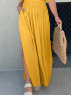 Maxi Dress V-Neck Ruched Smocked Waist Loose Short Sleeve Side Slit Plus Size