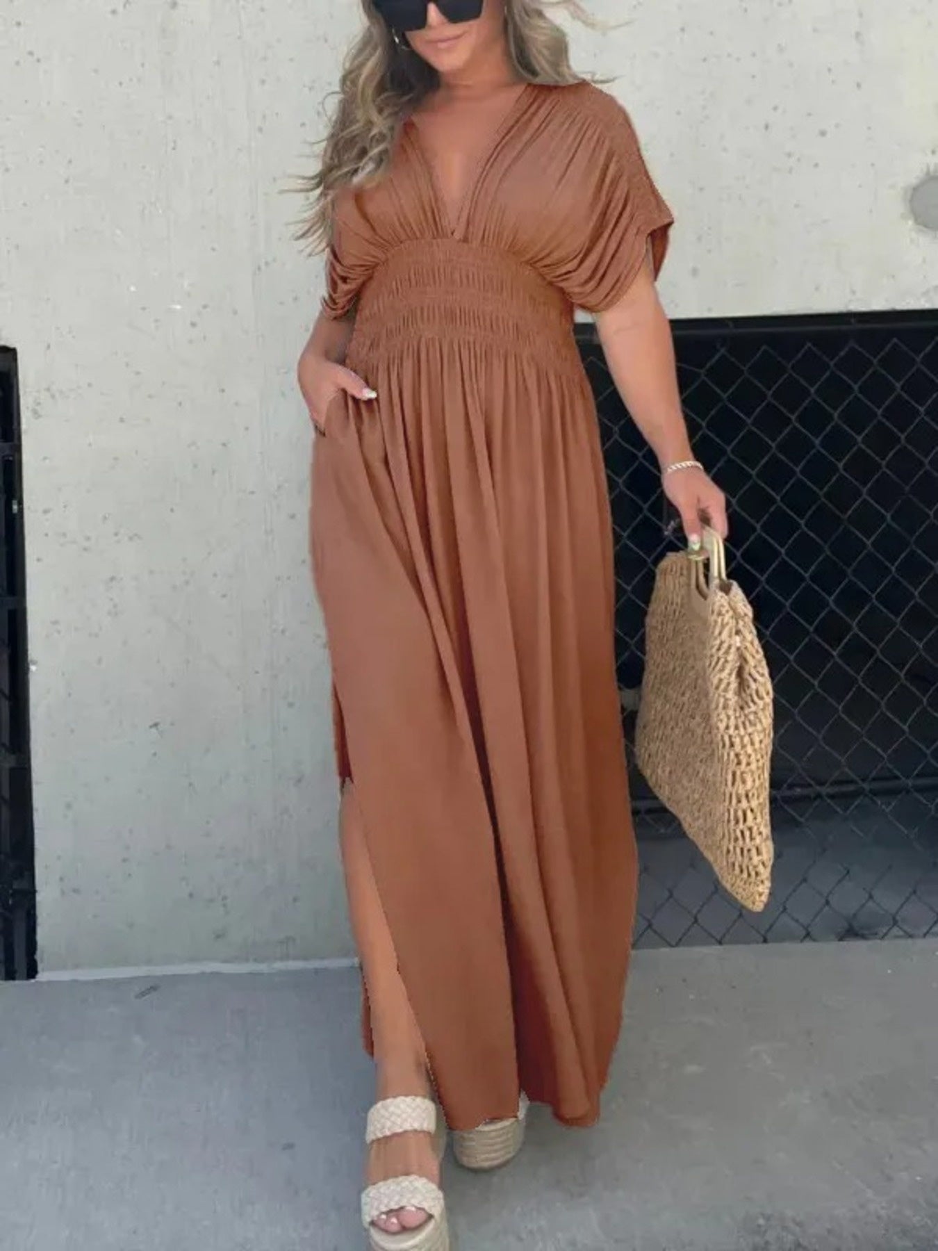 Maxi Dress V-Neck Ruched Smocked Waist Loose Short Sleeve Side Slit Plus Size