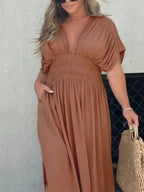 Maxi Dress V-Neck Ruched Smocked Waist Loose Short Sleeve Side Slit Plus Size