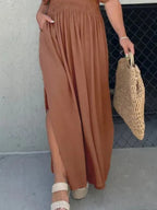 Maxi Dress V-Neck Ruched Smocked Waist Loose Short Sleeve Side Slit Plus Size