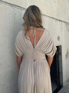 Maxi Dress V-Neck Ruched Smocked Waist Loose Short Sleeve Side Slit Plus Size
