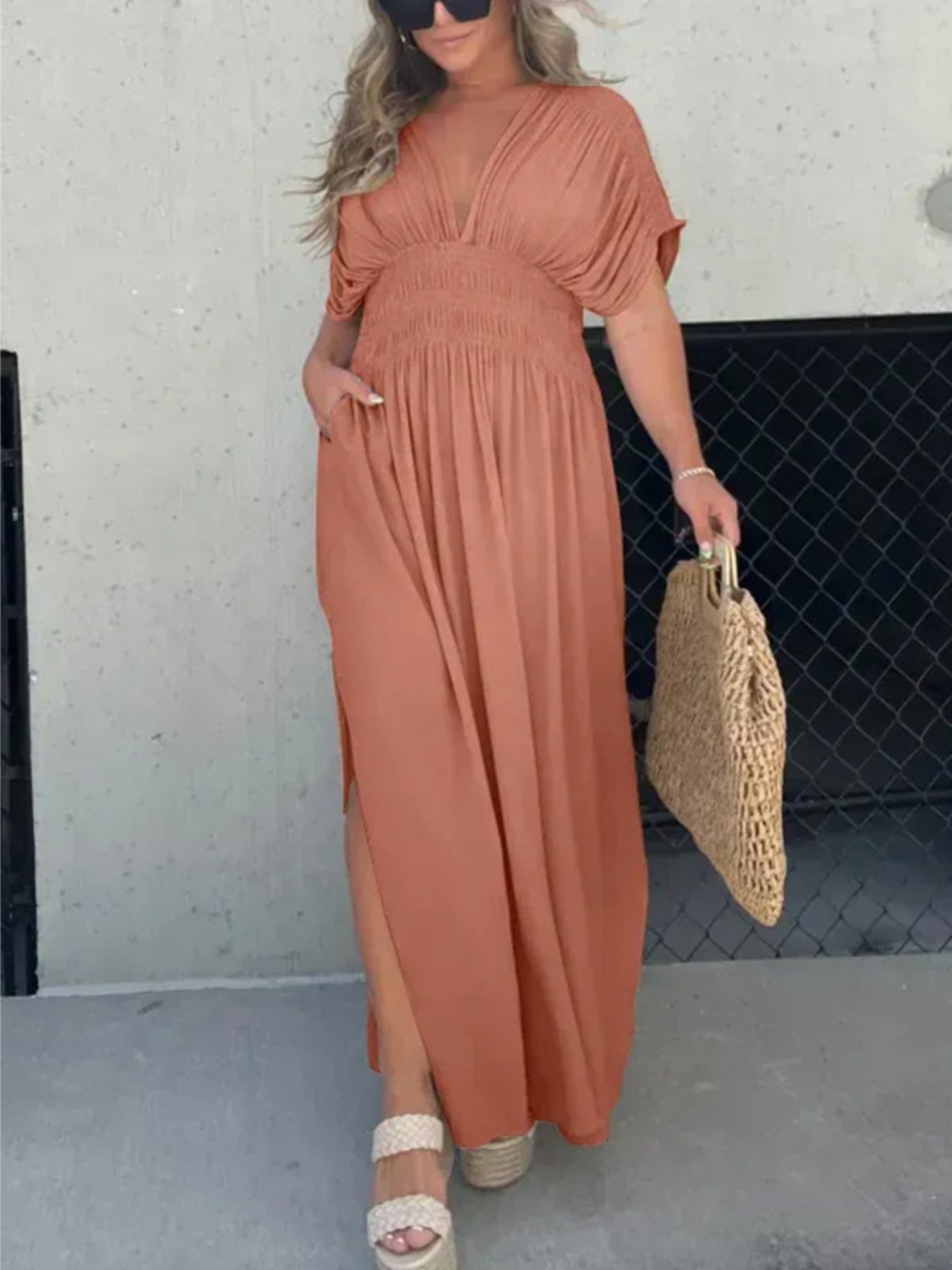 Maxi Dress V-Neck Ruched Smocked Waist Loose Short Sleeve Side Slit Plus Size