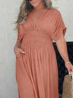 Maxi Dress V-Neck Ruched Smocked Waist Loose Short Sleeve Side Slit Plus Size