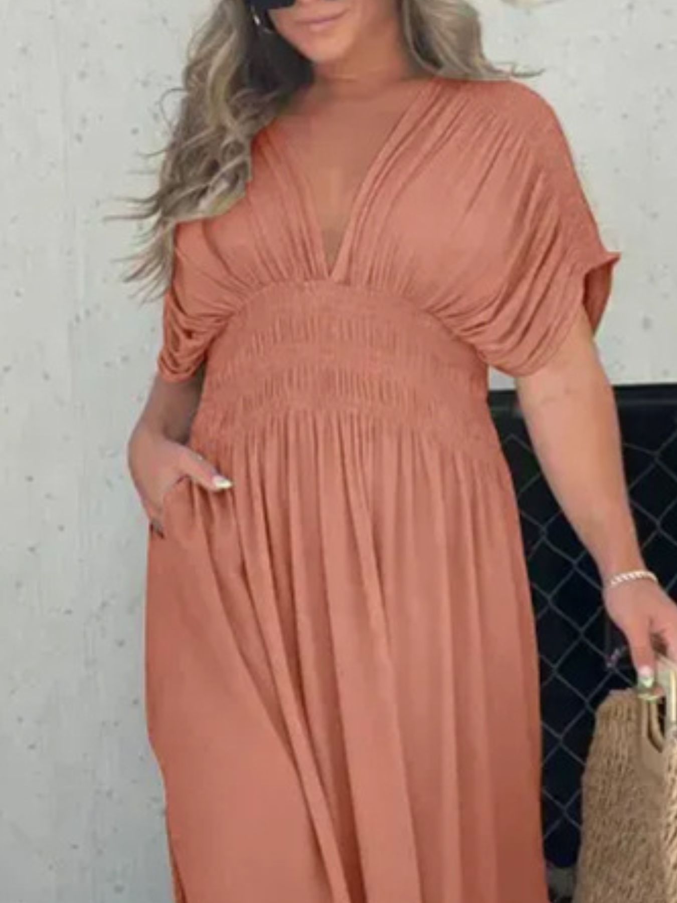 Maxi Dress V-Neck Ruched Smocked Waist Loose Short Sleeve Side Slit Plus Size