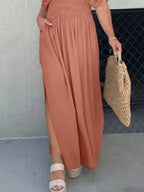Maxi Dress V-Neck Ruched Smocked Waist Loose Short Sleeve Side Slit Plus Size