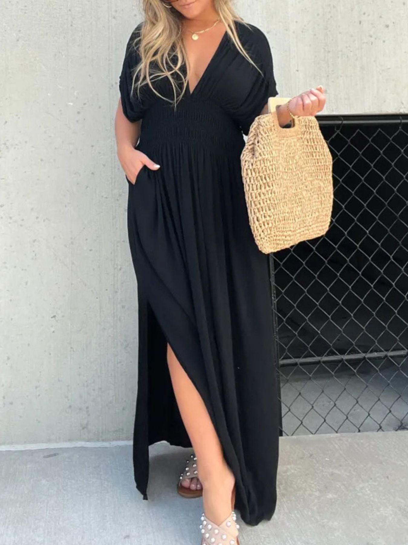 Maxi Dress V-Neck Ruched Smocked Waist Loose Short Sleeve Side Slit Plus Size