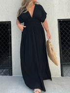 Maxi Dress V-Neck Ruched Smocked Waist Loose Short Sleeve Side Slit Plus Size