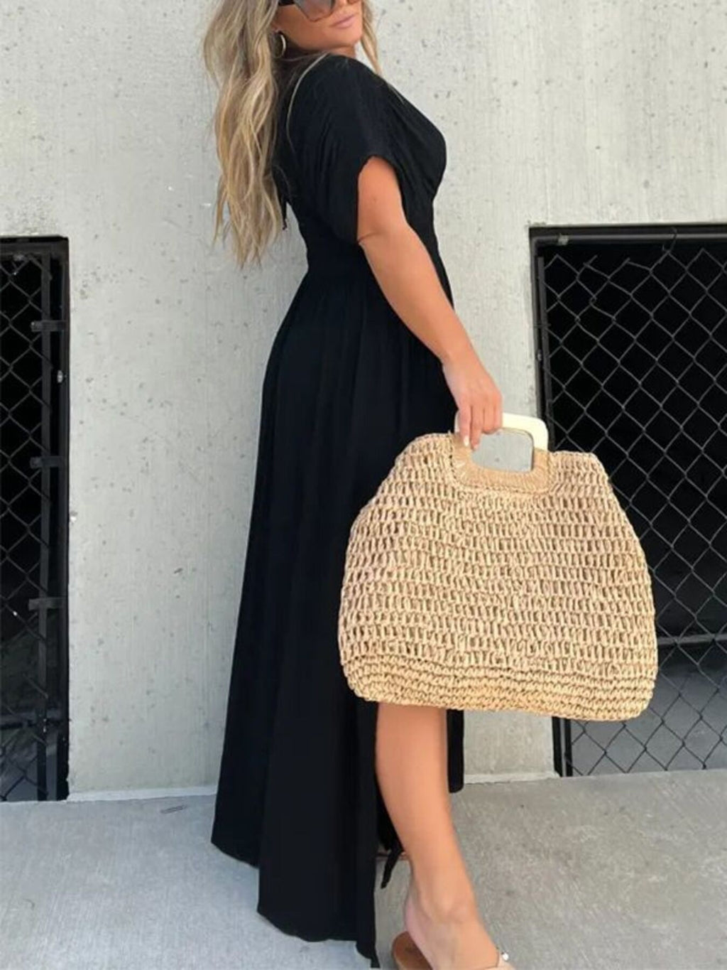 Maxi Dress V-Neck Ruched Smocked Waist Loose Short Sleeve Side Slit Plus Size