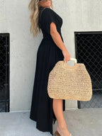 Maxi Dress V-Neck Ruched Smocked Waist Loose Short Sleeve Side Slit Plus Size