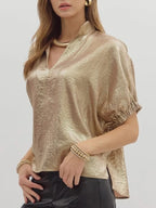 Women's Blouse Metallic Shimmering V-Neck Short Sleeve Casual Fashion Top
