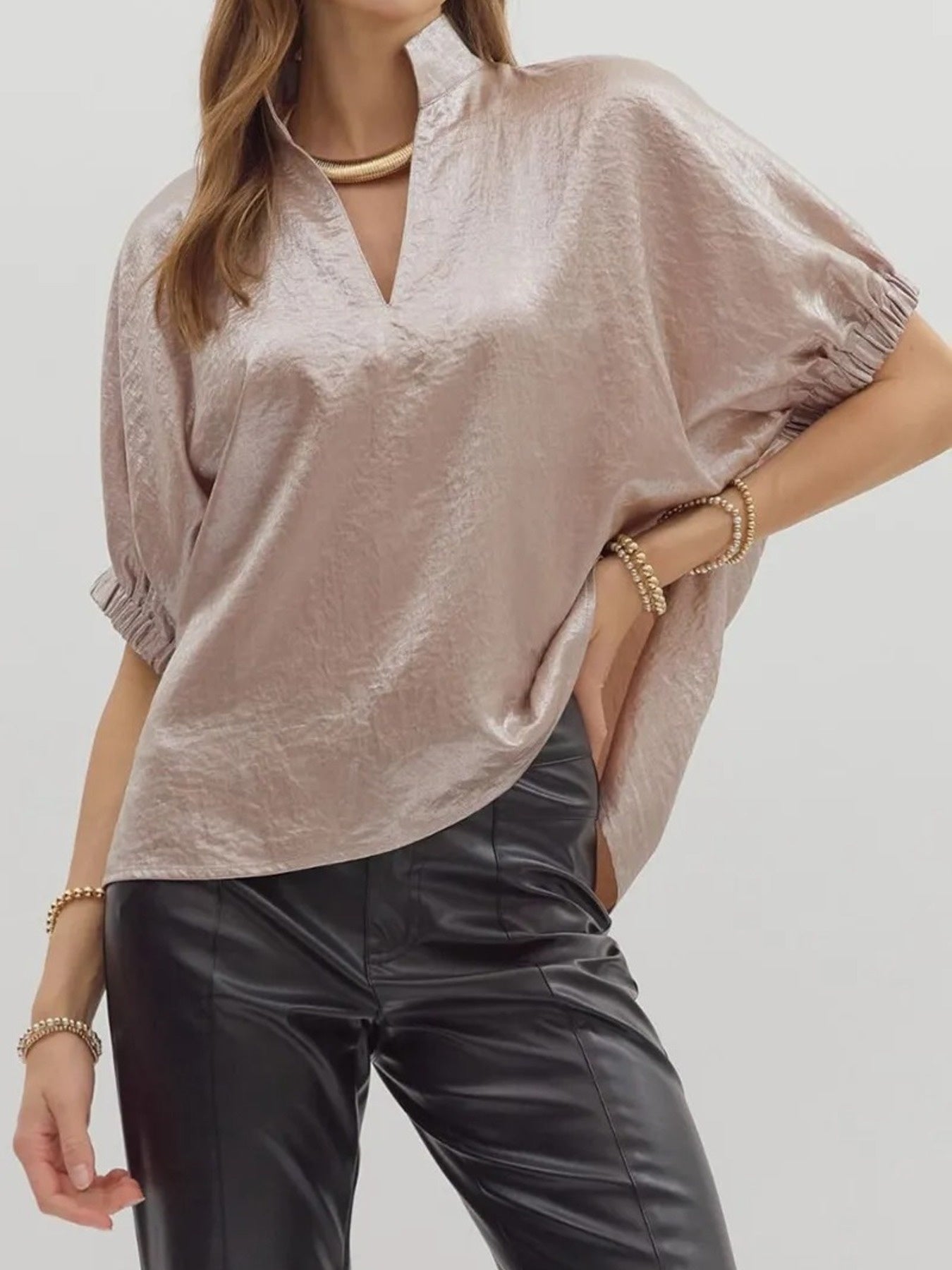 Women's Blouse Metallic Shimmering V-Neck Short Sleeve Casual Fashion Top