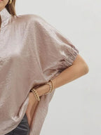 Women's Blouse Metallic Shimmering V-Neck Short Sleeve Casual Fashion Top
