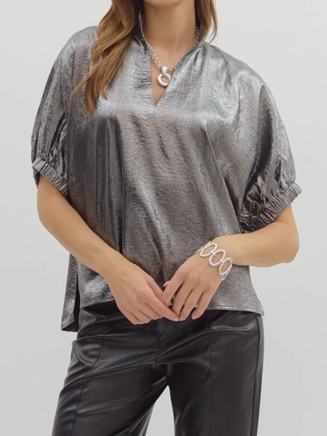 Women's Blouse Metallic Shimmering V-Neck Short Sleeve Casual Fashion Top