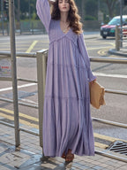Maxi Dress Ruffle Smocked V-Neck Oversized Ruffle Layered Long Sleeve Loose
