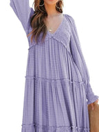 Maxi Dress Ruffle Smocked V-Neck Oversized Ruffle Layered Long Sleeve Loose