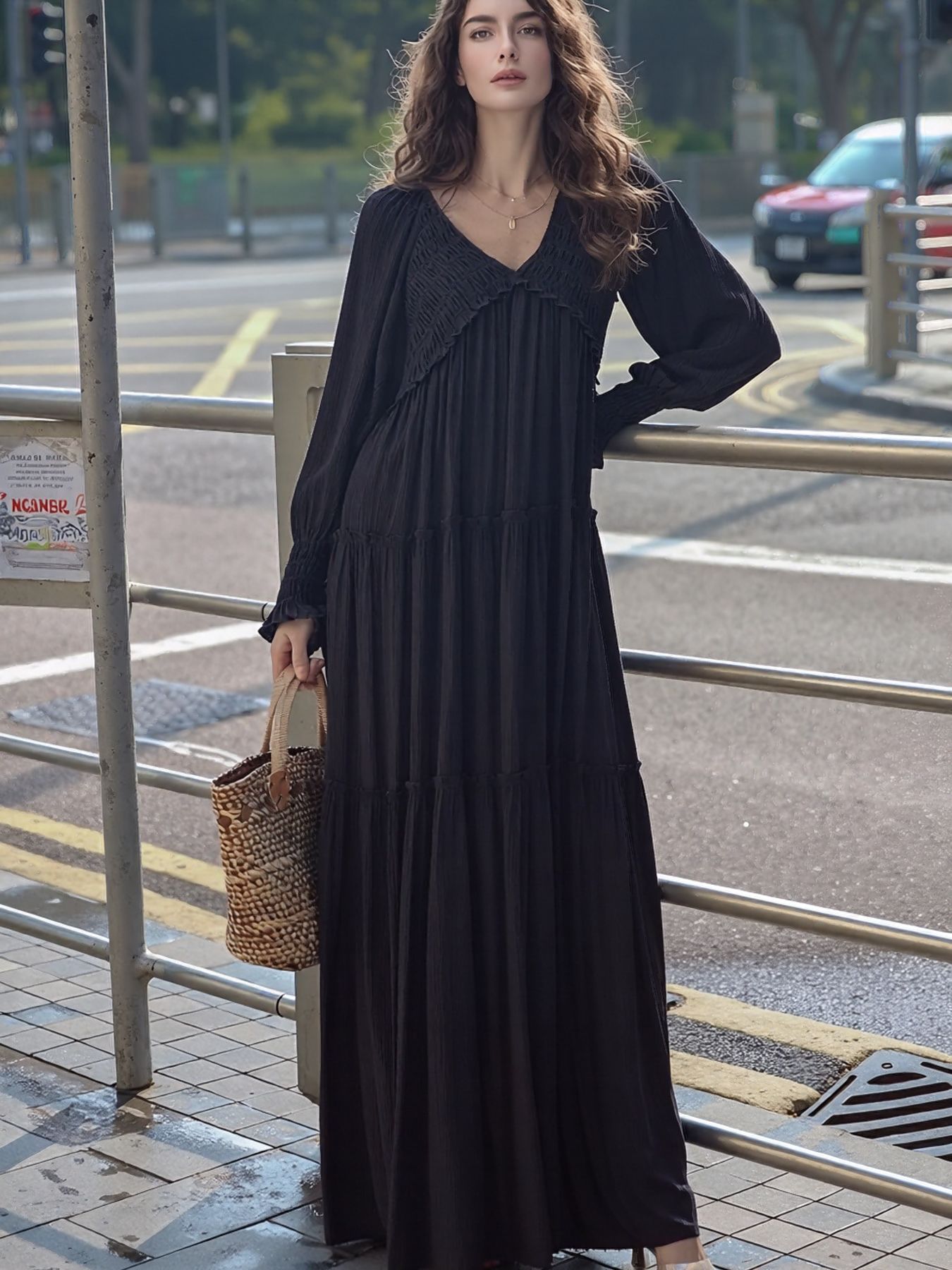 Maxi Dress Ruffle Smocked V-Neck Oversized Ruffle Layered Long Sleeve Loose