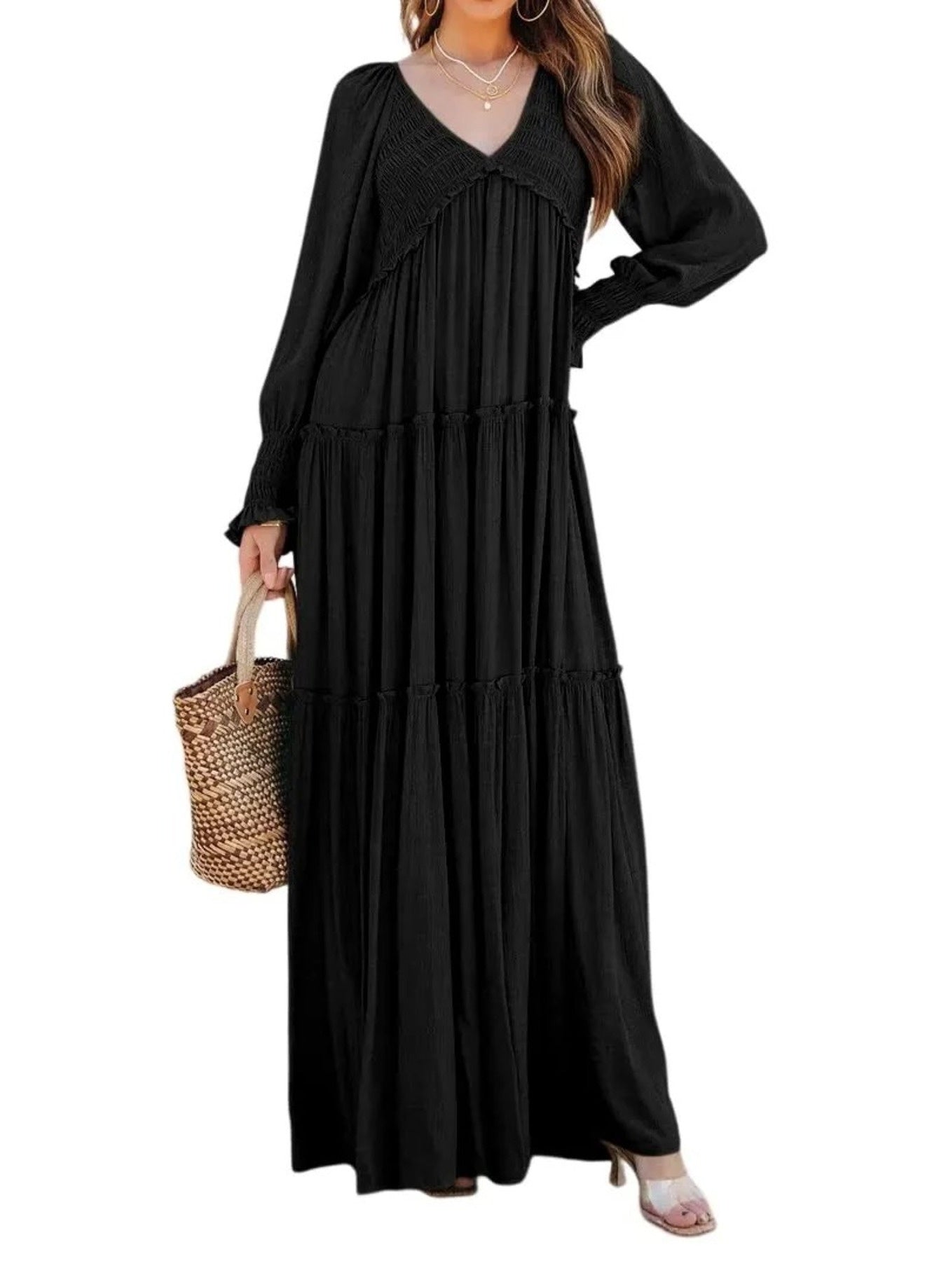 Maxi Dress Ruffle Smocked V-Neck Oversized Ruffle Layered Long Sleeve Loose