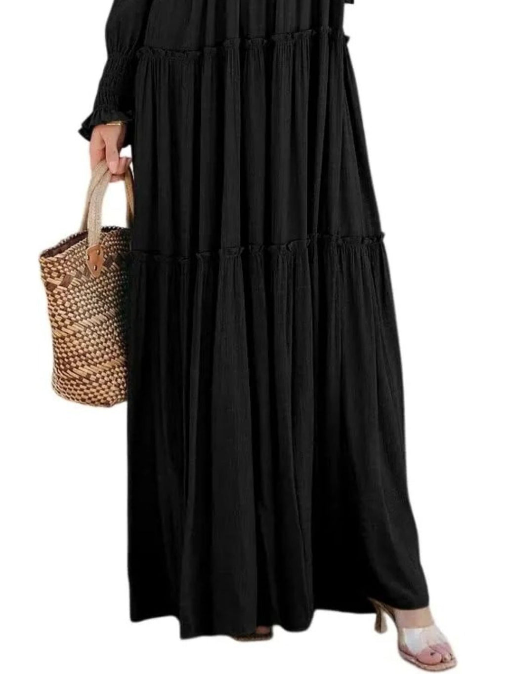 Maxi Dress Ruffle Smocked V-Neck Oversized Ruffle Layered Long Sleeve Loose