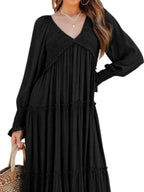 Maxi Dress Ruffle Smocked V-Neck Oversized Ruffle Layered Long Sleeve Loose
