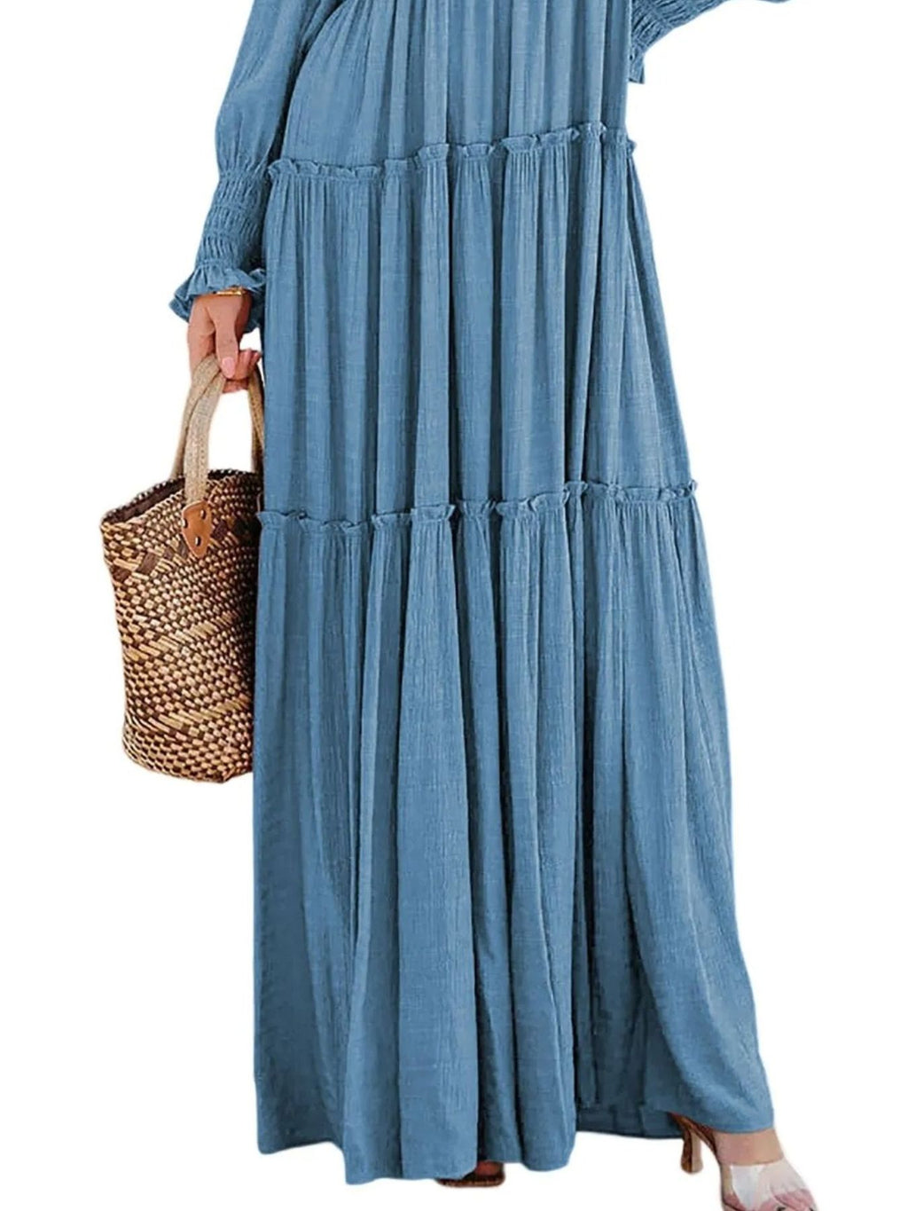 Maxi Dress Ruffle Smocked V-Neck Oversized Ruffle Layered Long Sleeve Loose