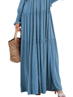 Maxi Dress Ruffle Smocked V-Neck Oversized Ruffle Layered Long Sleeve Loose