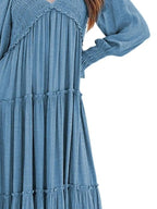 Maxi Dress Ruffle Smocked V-Neck Oversized Ruffle Layered Long Sleeve Loose