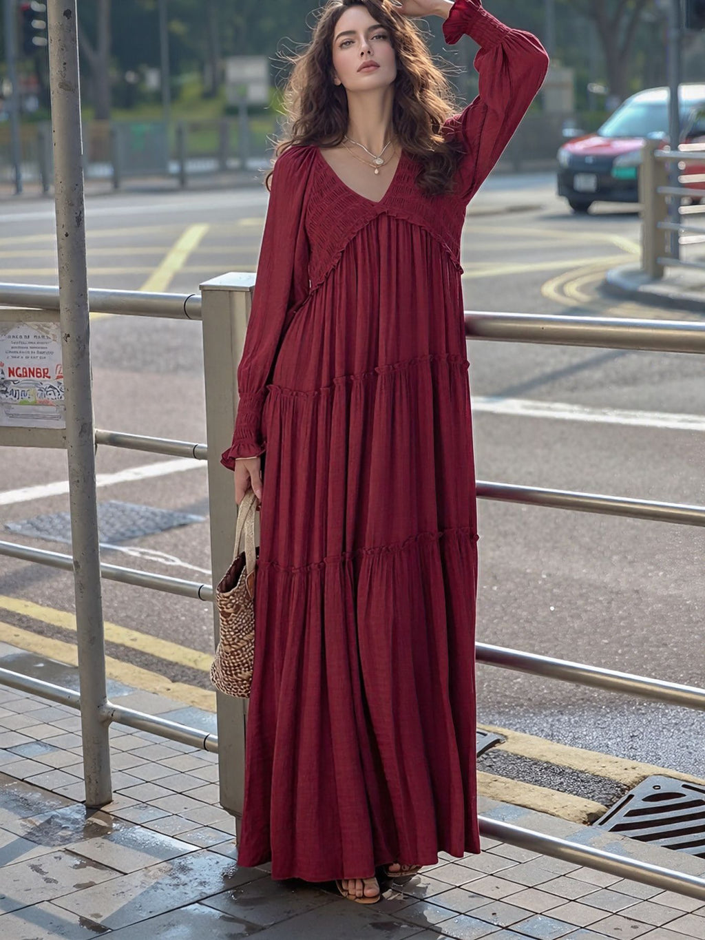 Maxi Dress Ruffle Smocked V-Neck Oversized Ruffle Layered Long Sleeve Loose