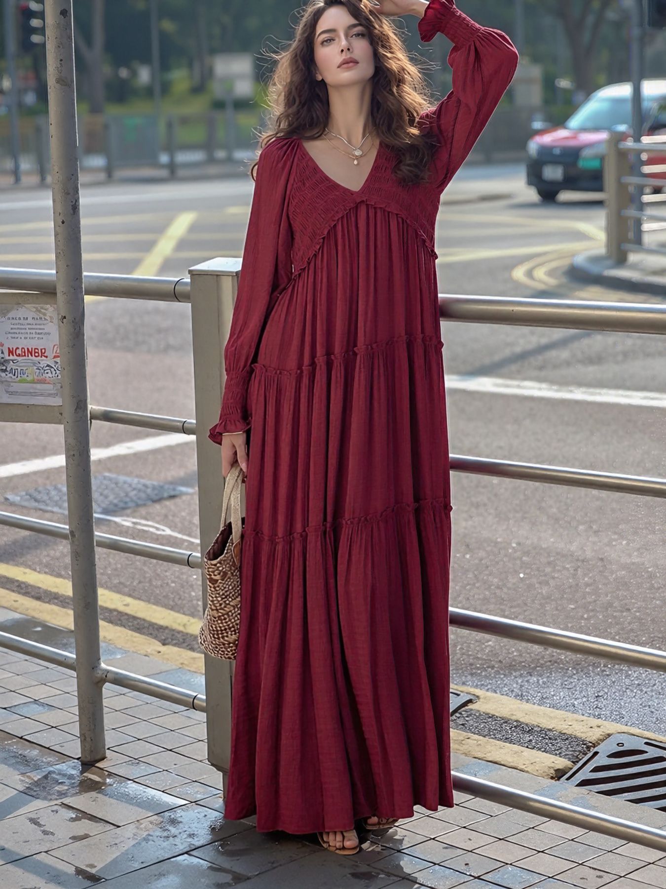 Maxi Dress Ruffle Smocked V-Neck Oversized Ruffle Layered Long Sleeve Loose